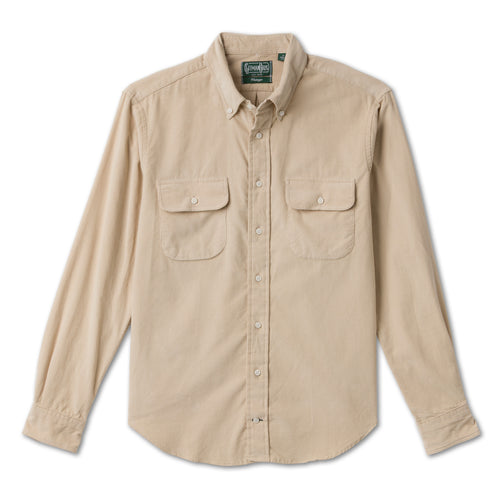 Tan 16-Wale Corduroy sport shirt in cotton features fine-wale corduroy fabric, button-down collar, lined cuffs, chest pocket, and durable construction.