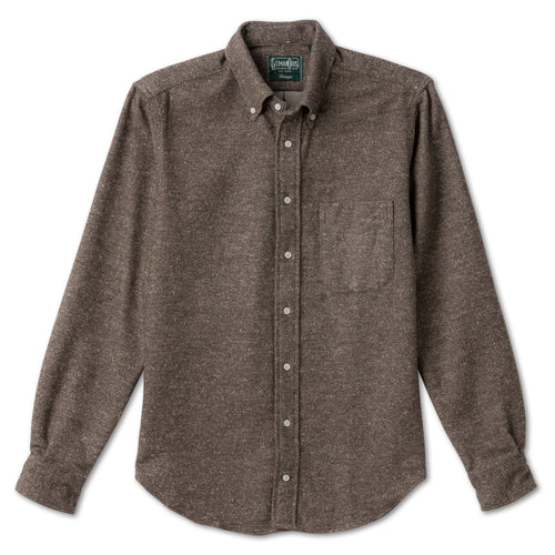 Brown Nepped Chambray sport shirt features textured cotton chambray fabric, button-down collar, lined cuffs, chest pocket, and classic shirting construction.