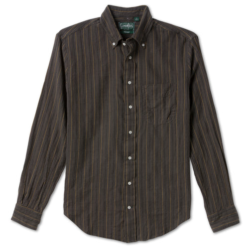 Brown Brushed Dobby Stripe sport shirt features soft brushed cotton dobby fabric, a subtle stripe pattern, button-down collar, lined cuffs, and chest pocket.