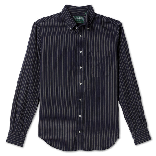 Navy Brushed Dobby Stripe sport shirt features soft brushed cotton dobby fabric, a subtle stripe pattern, button-down collar, lined cuffs, and chest pocket.