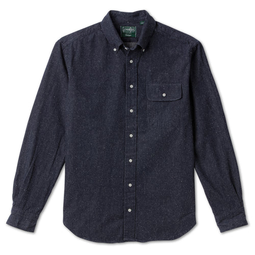 Indigo Silk Denim sport shirt features luxurious silk denim fabric, button-down collar, lined cuffs, chest pocket, and classic shirting construction.