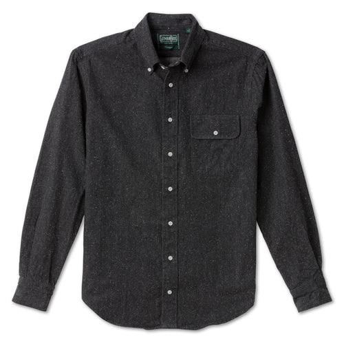 Charcoal Silk Denim sport shirt features luxurious silk denim fabric, button-down collar, lined cuffs, chest pocket, and classic shirting construction.