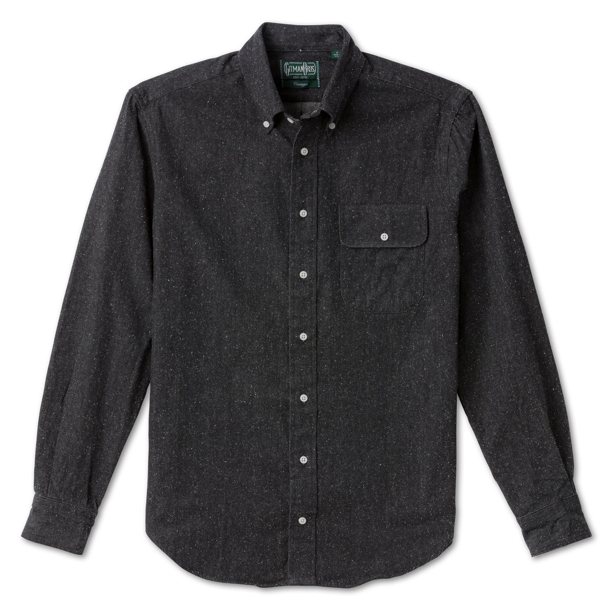 Charcoal Silk Denim sport shirt features luxurious silk denim fabric, button-down collar, lined cuffs, chest pocket, and classic shirting construction.