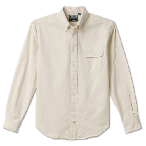 Ecru Silk Denim sport shirt features luxurious silk denim fabric, button-down collar, lined cuffs, chest pocket, and classic shirting construction.