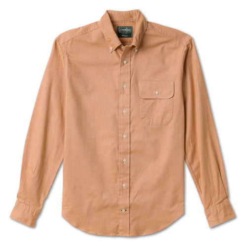 Orange Brushed Chambray sport shirt features soft brushed cotton chambray fabric, button-down collar, lined cuffs, chest pocket, and classic shirting construction.