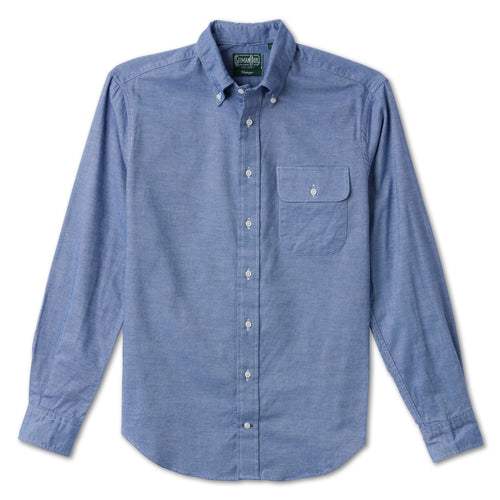 Blue Brushed Chambray sport shirt features soft brushed cotton chambray fabric, button-down collar, lined cuffs, chest pocket, and classic shirting construction.