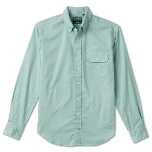 Teal Brushed Chambray sport shirt features soft brushed cotton chambray fabric, button-down collar, lined cuffs, chest pocket, and classic shirting construction.