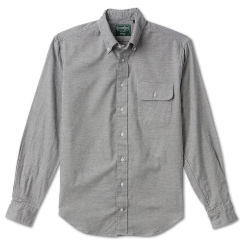Grey Brushed Chambray sport shirt features soft brushed cotton chambray fabric, button-down collar, lined cuffs, chest pocket, and classic shirting construction.