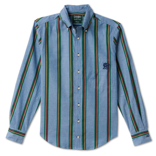 Nicholas Daley Rebel Riot Chambray sport shirt in custom-printed cotton features Rastafarian stripe, hand-cut chest pocket, embroidery, and contrast buttonholes.