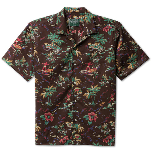 The Brown Hawaiian Print Camp Shirt, made from a lightweight cotton broadcloth and features a top button loop and French front with side vents at the hem.