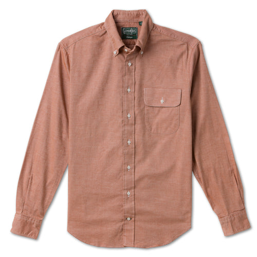 Burgundy Brushed Chambray sport shirt features soft brushed cotton chambray fabric, button-down collar, lined cuffs, chest pocket, and classic shirting construction.