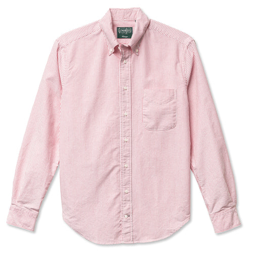 The Red Stripe Oxford, with a front pocket and a button down collar and a lined placket with white buttons.
