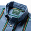 Close-up of the Nicholas Daley Rebel Riot Chambray sport shirt's button-down collar featuring an unlined collar and contrast button details.