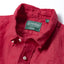 Close-up of the Red Albini Linen Flannel sport shirt's button-down collar featuring a lined collar and classic button detail.