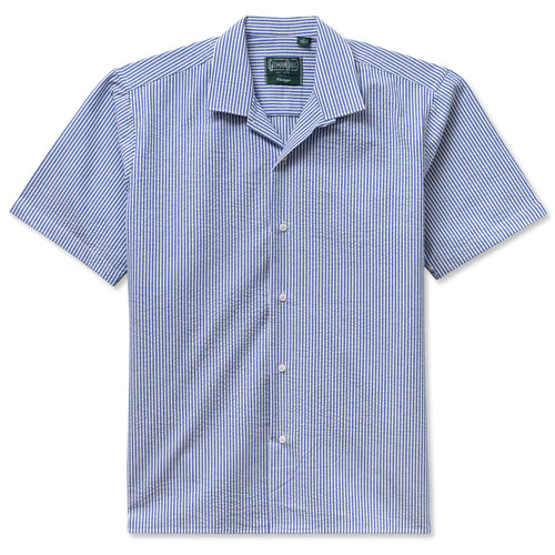 The Blue Stripe Seersucker Camp Shirt crafted from lightweight 3.5oz cotton seersucker. Featuring a muted tonal stripe and relaxed camp silhouette, perfect for warm-weather casual style. Made in the USA.