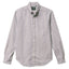A navy striped button down shirt with a chest pocket, made from a brushed oxford fabric with white buttons.