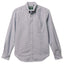 A navy button down shirt with a chest pocket, made from a brushed oxford fabric with white buttons.