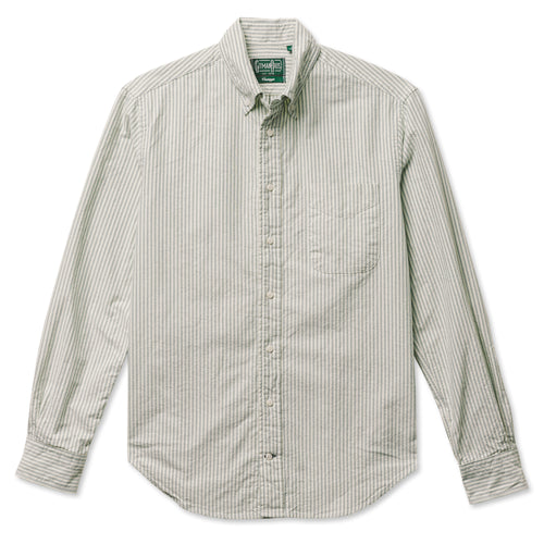 A green striped button down shirt with a chest pocket, made from a brushed oxford fabric with white buttons.