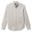 A grey striped button down shirt with a chest pocket, made from a brushed oxford fabric with white buttons.