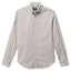 A grey button down shirt with a chest pocket, made from a brushed oxford fabric with white buttons.
