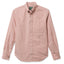 A red button down shirt with a chest pocket, made from a brushed oxford fabric with white buttons.