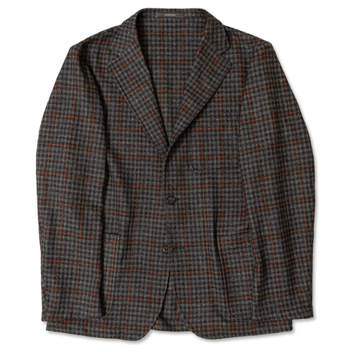 Grey checked tweed Simple Jacket made in the USA from Italian VBC wool, silk, and linen. Unstructured and unlined with patch pockets, notch lapel, horn buttons.
