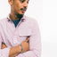 The Pink Japanese Spring Oxford on body showing the button through chest pocket and the lined popover placket.