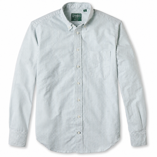 Green Stripe Oxford shirt features Portuguese-woven Cambridge Oxford cloth, mint green and white stripes, barrel cuffs, chest pocket, and classic Oxford construction.