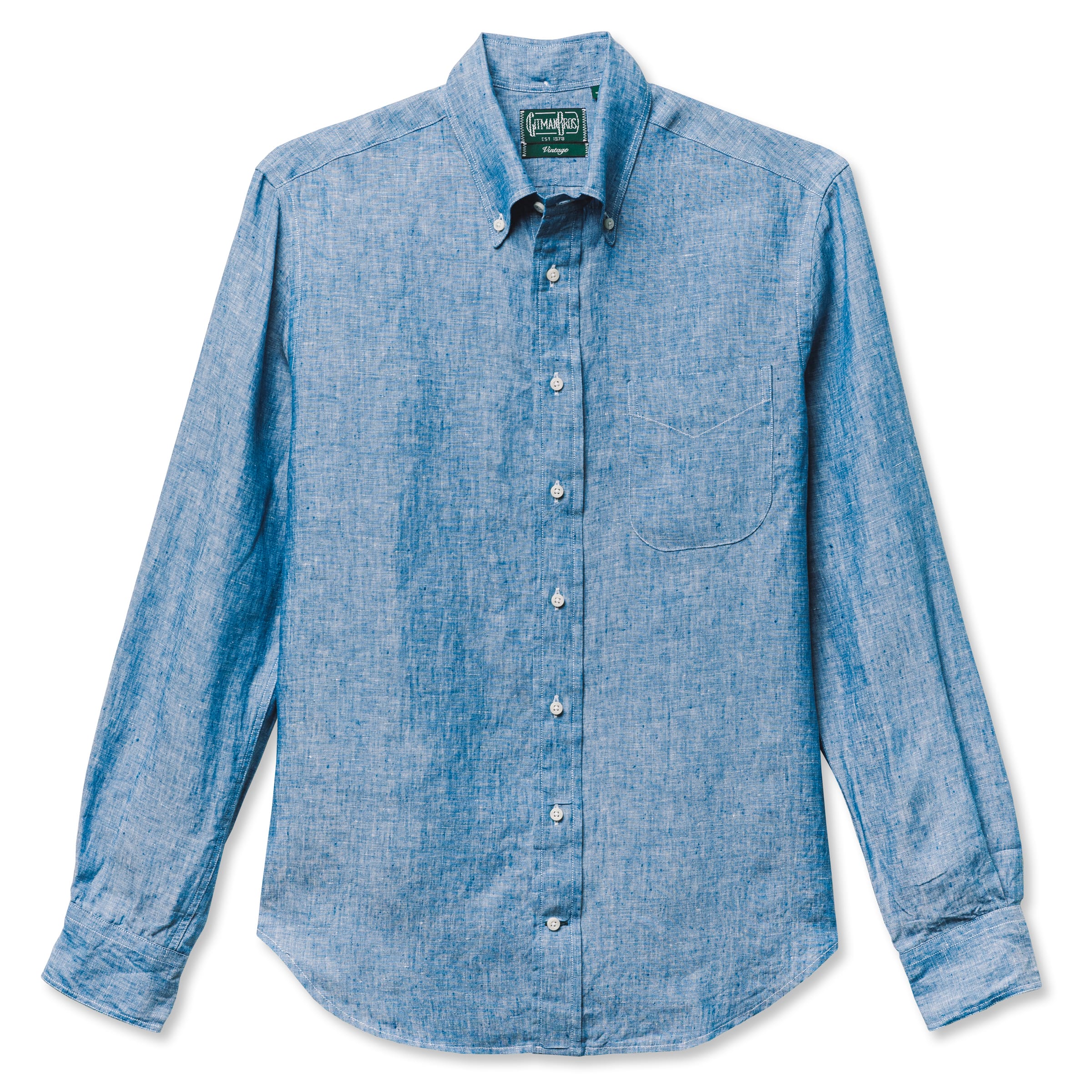 The Chambray Linen shirt crafted from breathable 100% linen woven with blue and white threads for a chambray-like texture. Lightweight, crisp, and versatile for warm-weather wear. Made in the USA.