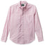 A long-sleeved, striped Oxford shirt in berry and white, with a button-down collar, chest pocket, and button-up front, stitched placket.