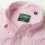 Berry striped button-down oxford shirt, 100% Cotton, made in the USA, stitched collar, white buttons, vintage, green tag.