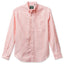 A long-sleeved, striped Oxford shirt in orange and white, made in the USA, with a chest pocket, button-down collar, 100% cotton, oxford cloth.