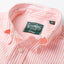 A long-sleeved, striped Oxford shirt in orange and white, made in the USA, with a button-down collar, green tag, established 1978, Vintage, 100% cotton.