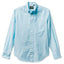 A long-sleeved, button-down  teal Oxford shirt with a chest pocket, flat collar, and barrel cuffs. Gitman Vintage, 100% cotton, made in the USA.