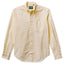A long-sleeved, button-down, yellow Oxford shirt with a chest pocket, collar, and barrel cuffs, made in the USA, 100% Cotton.