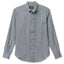 A hickory striped denim button down shirt with a chest pocket and barrel cuffs, includes white buttons and is made in the USA.