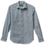 A hickory striped denim work shirt with two chest pockets and white buttons made in the USA.