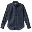 A dark denim shirt with a pocket and white buttons, includes barrel cuffs and made from 100% cotton made in the USA.