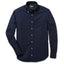 A navy-colored, button down 100% cotton Oxford shirt with a chest pocket and barrel cuffs, and slim fit.