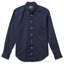 A navy-colored Oxford shirt with a button-down collar, button-up front, and a chest pocket. The placket is lined, made in the USA, 100% cotton, Gitman Brothers Vintage.