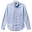 A blue striped Oxford shirt with a chest pocket, button-down front, and long sleeves, made in the USA, 100% cotton.